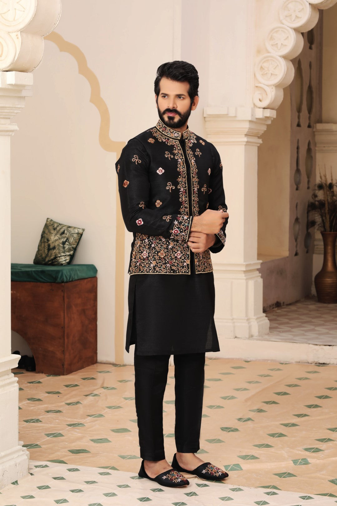 Black Embroidered Silk Waistcoat Kurta (3-Piece) - Image 3