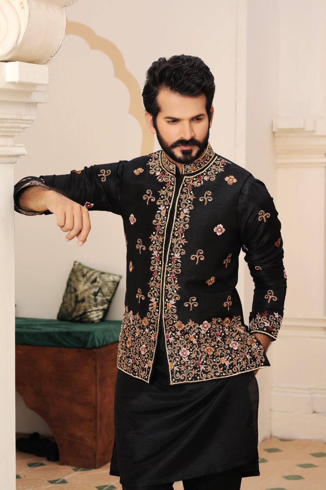 Black Embroidered Silk Waistcoat Kurta (3-Piece) - Image 4