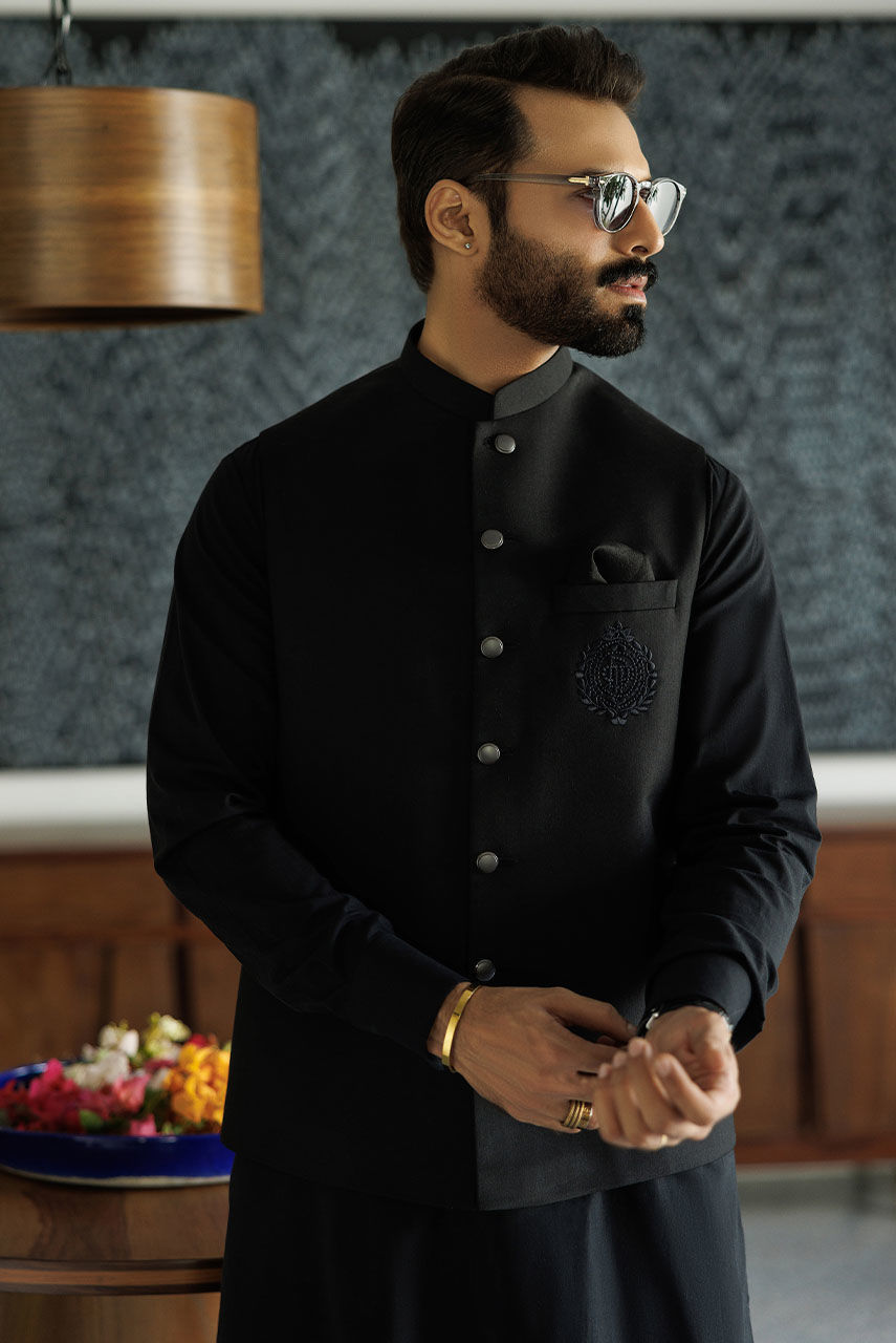 Black Embroidered Suiting Fabric Waistcoat (1-Pc) - Image 1