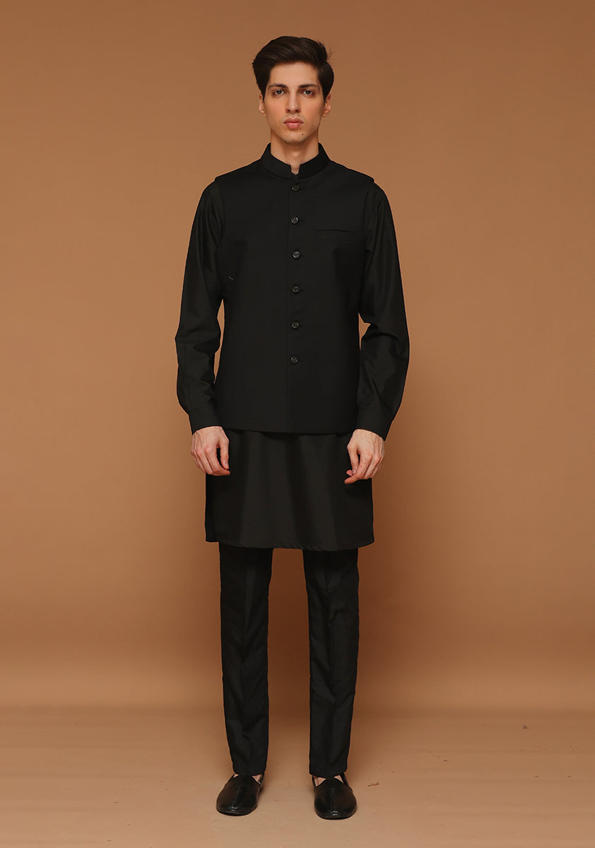Peat Black Suiting Fabric Waistcoat Kurta (3-Piece) - Image 1
