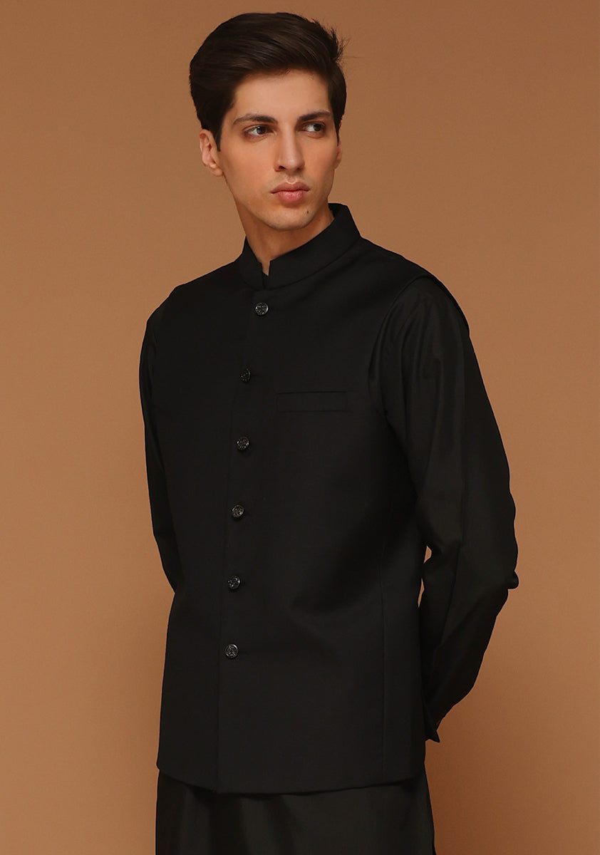 Peat Black Suiting Fabric Waistcoat Kurta (3-Piece) - Image 2