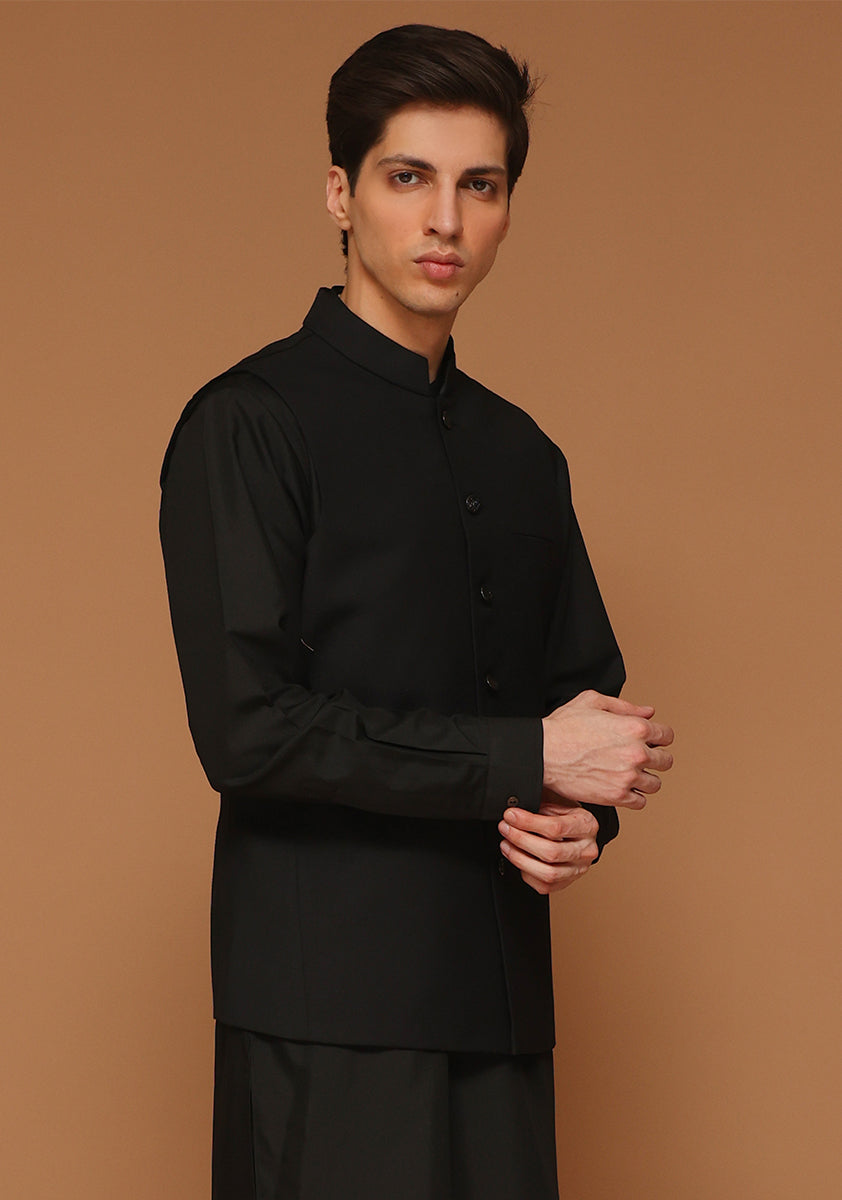 Peat Black Suiting Fabric Waistcoat Kurta (3-Piece) - Image 3