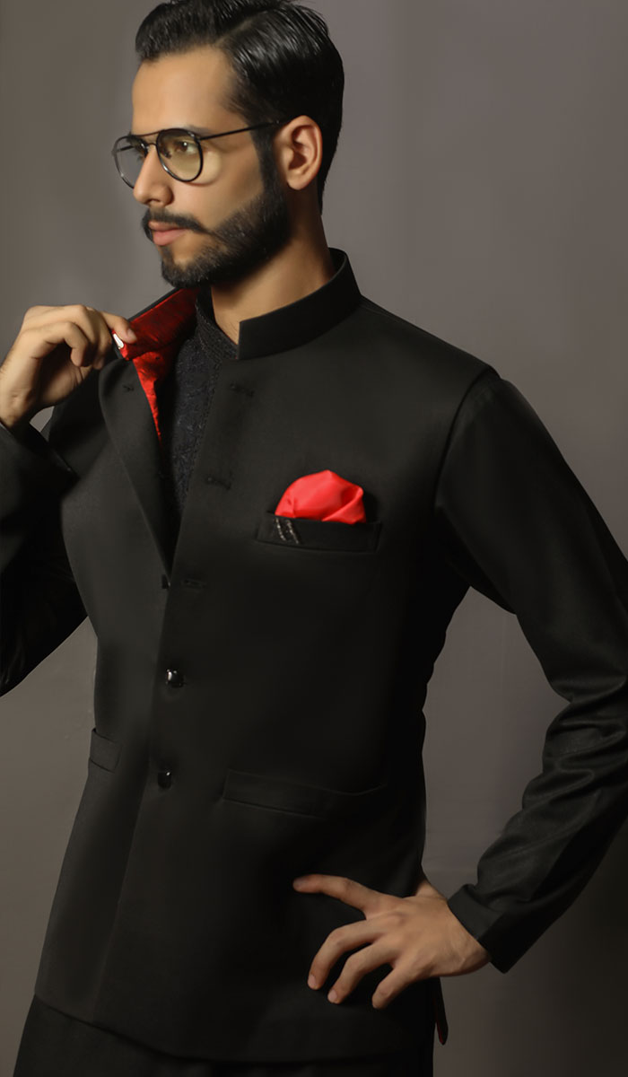 Black Plain Suiting Waistcoat Kurta Set (3-Piece) - Image 1