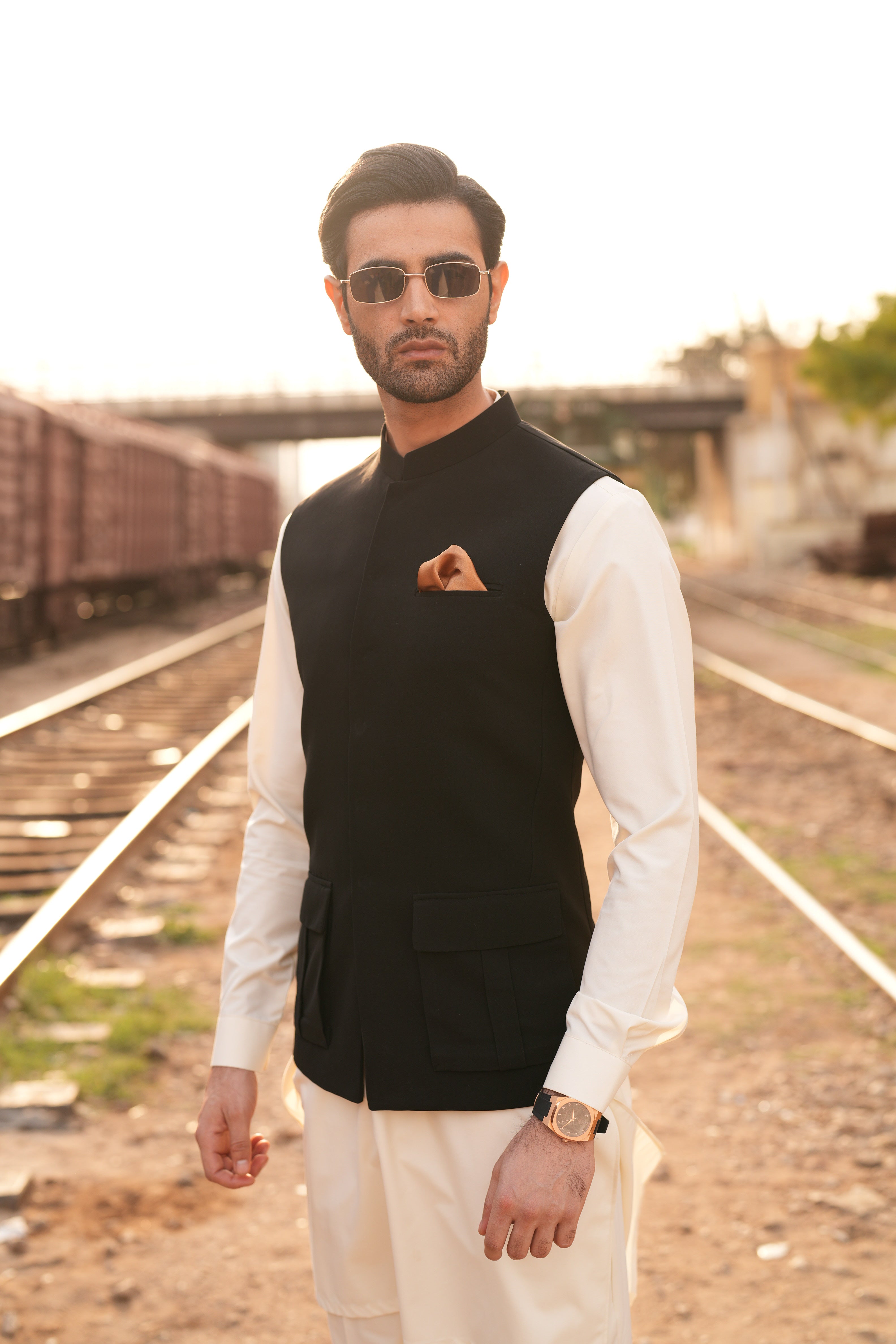 Black Armani Waistcoat with Cream Kurta Pajama (3-Piece) - Image 2