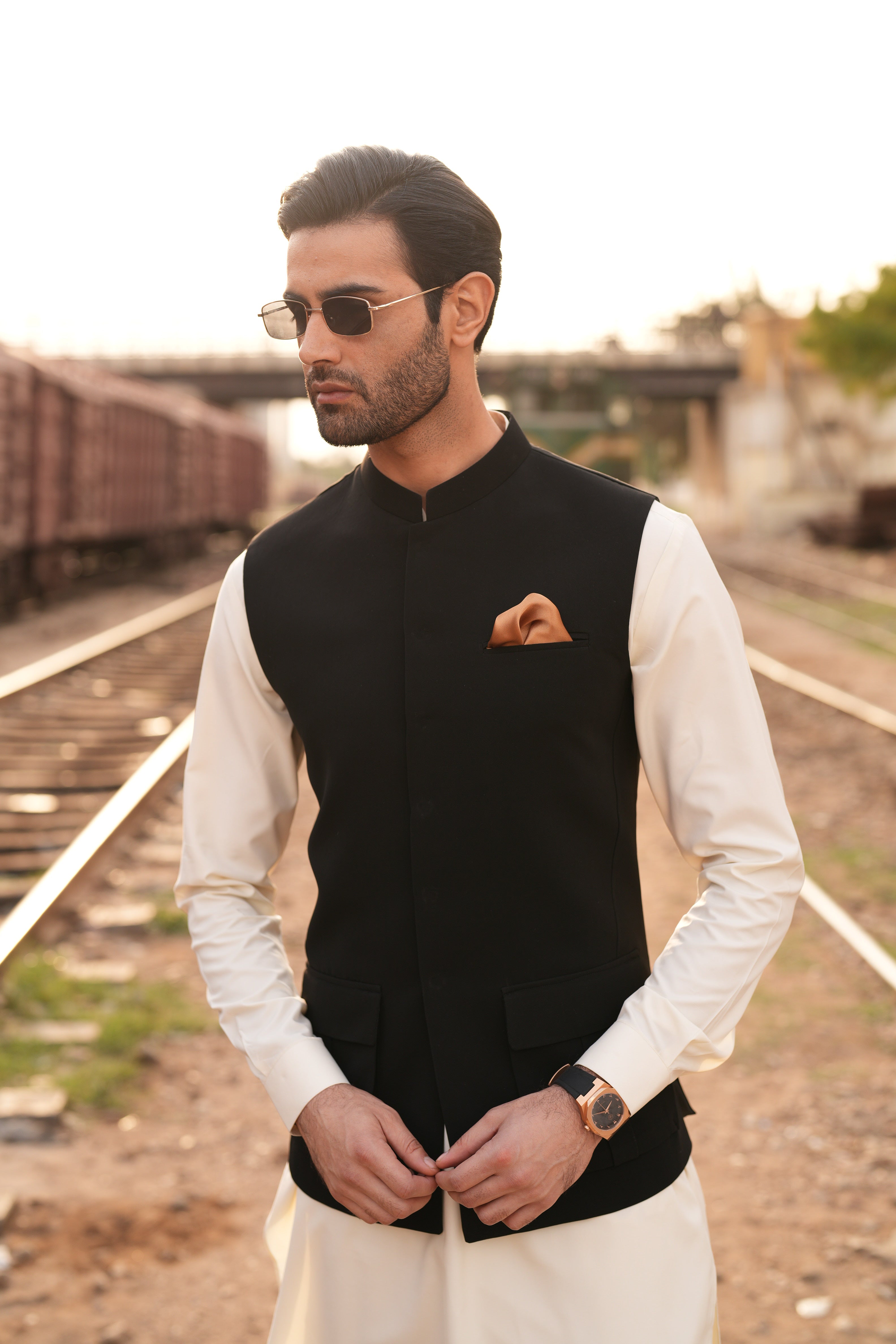 Black Armani Waistcoat with Cream Kurta Pajama (3-Piece) - Image 3