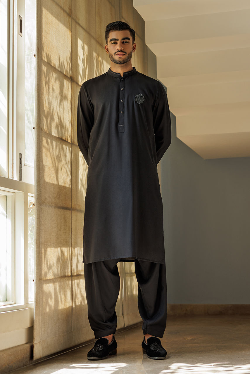 Black Thread Work Suiting Waistcoat Kurta (3-Piece) - Image 2