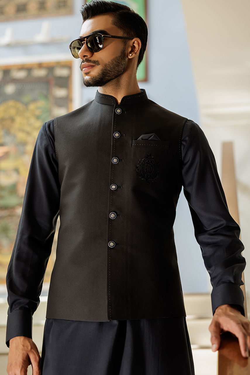 Black Thread Work Suiting Waistcoat Kurta (3-Piece) - Image 3