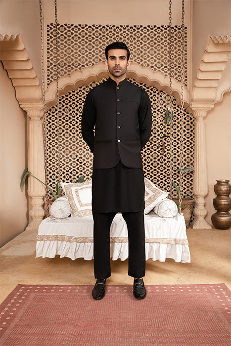 Black Blended Kurta Trouser with TR Waistcoat (3-Piece) - Image 1