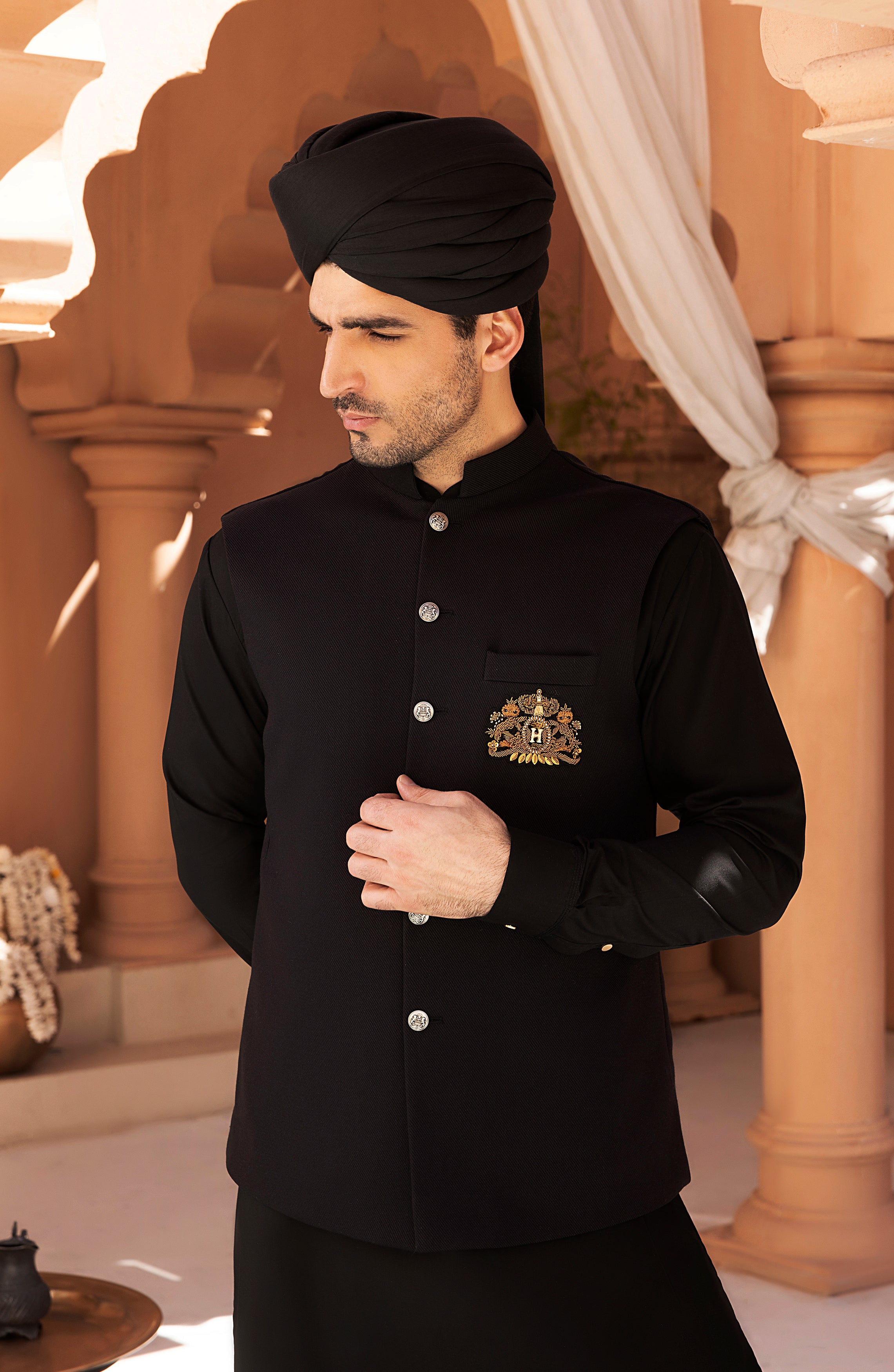 Black Crest-Embroidered Twill Waistcoat Kurta (3-Piece) - Image 2