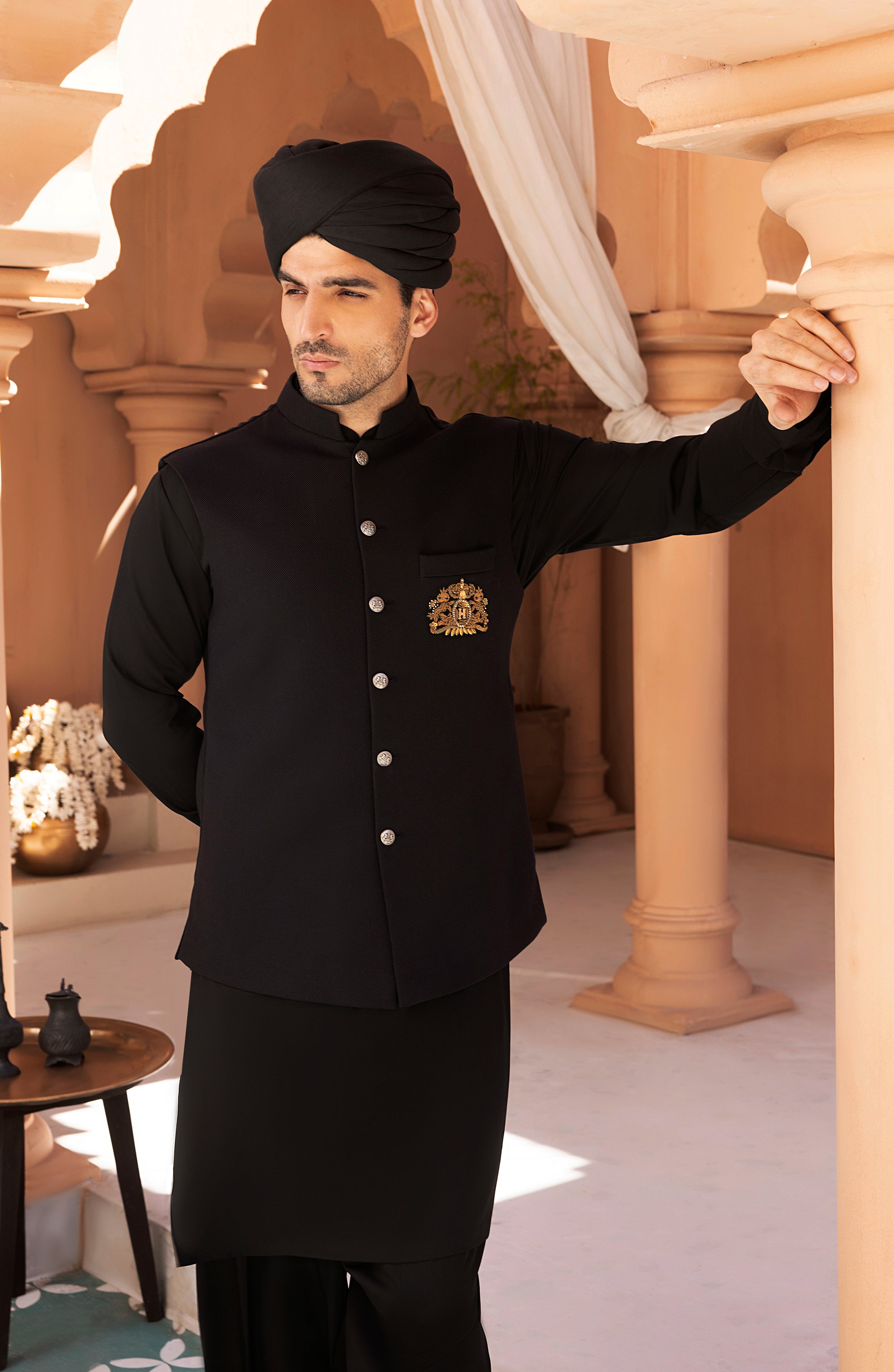 Black Crest-Embroidered Twill Waistcoat Kurta (3-Piece) - Image 3