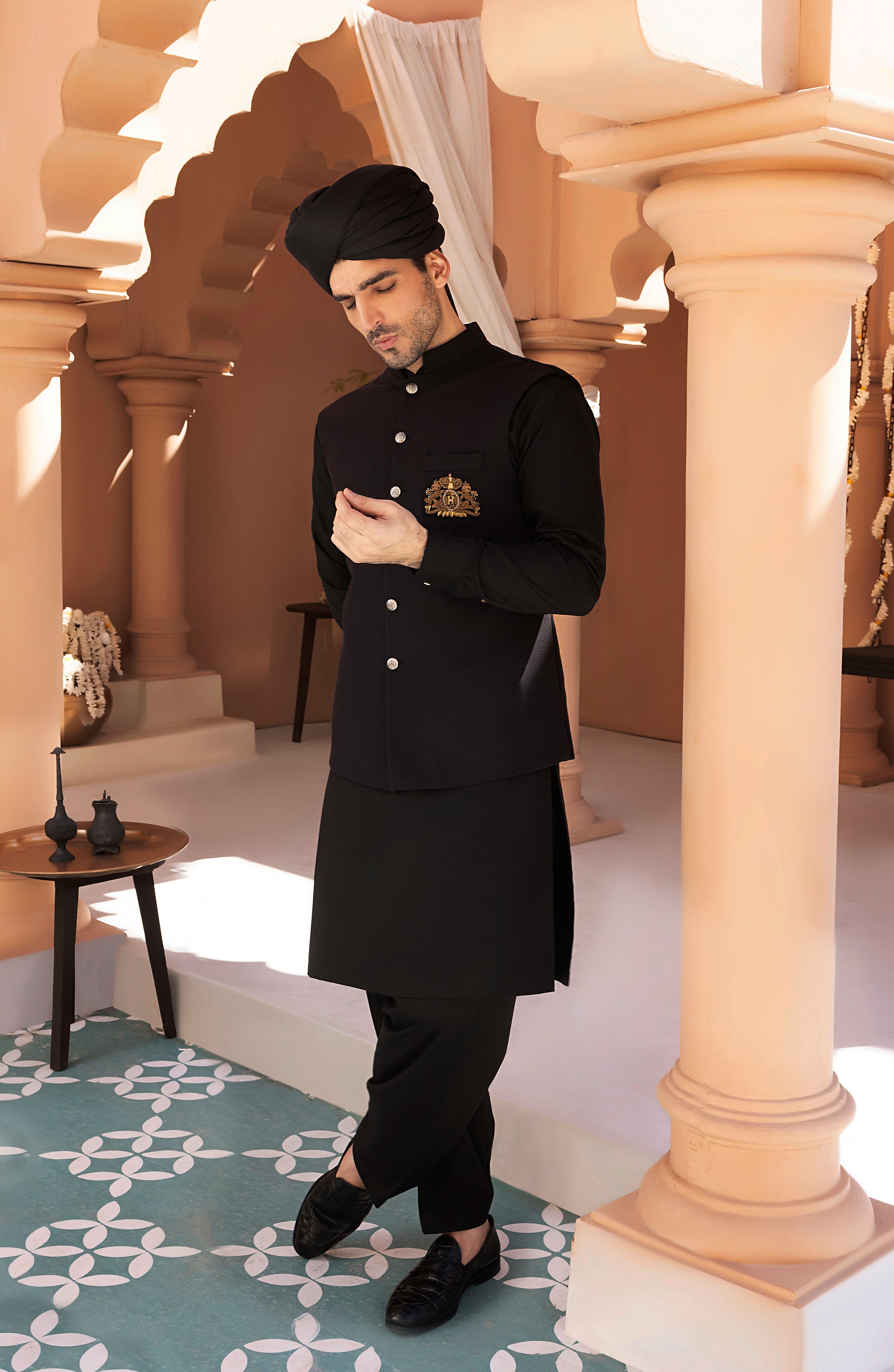 Black Crest-Embroidered Twill Waistcoat Kurta (3-Piece) - Image 4