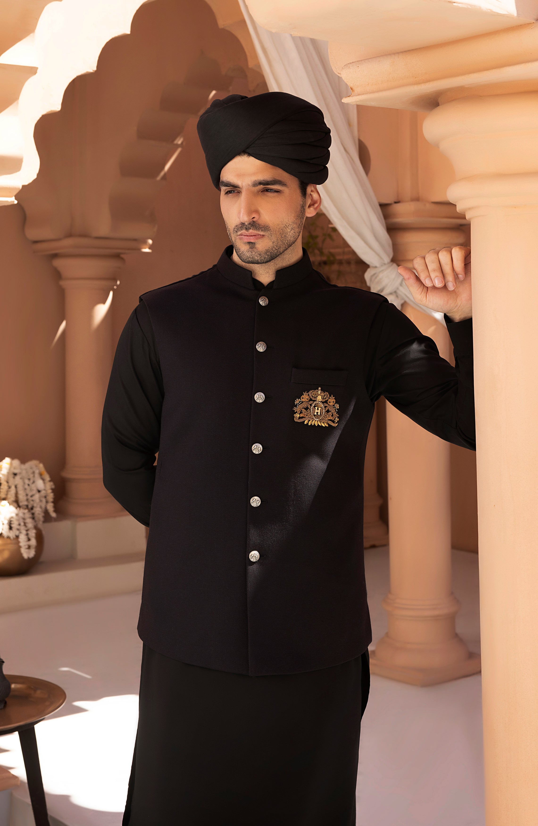 Black Crest-Embroidered Twill Waistcoat Kurta (3-Piece) - Image 5