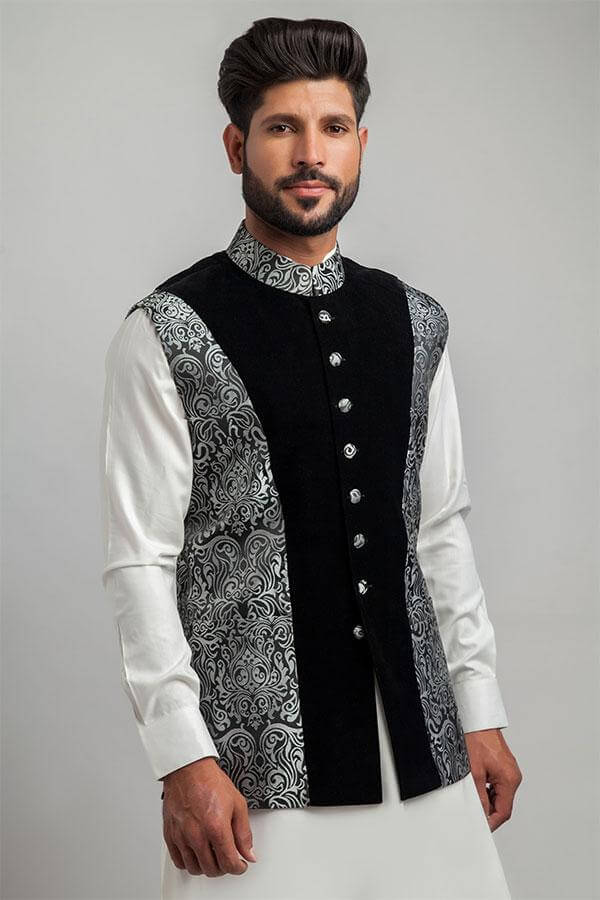 Black and Silver Velvet Brocade Waistcoat (3-Piece) - Image 1