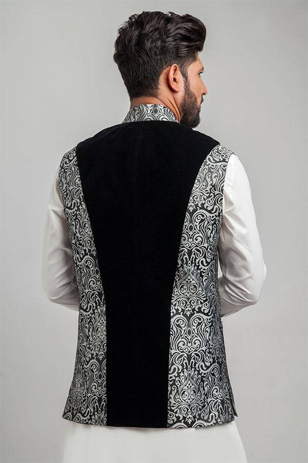 Black and Silver Velvet Brocade Waistcoat (3-Piece) - Image 2