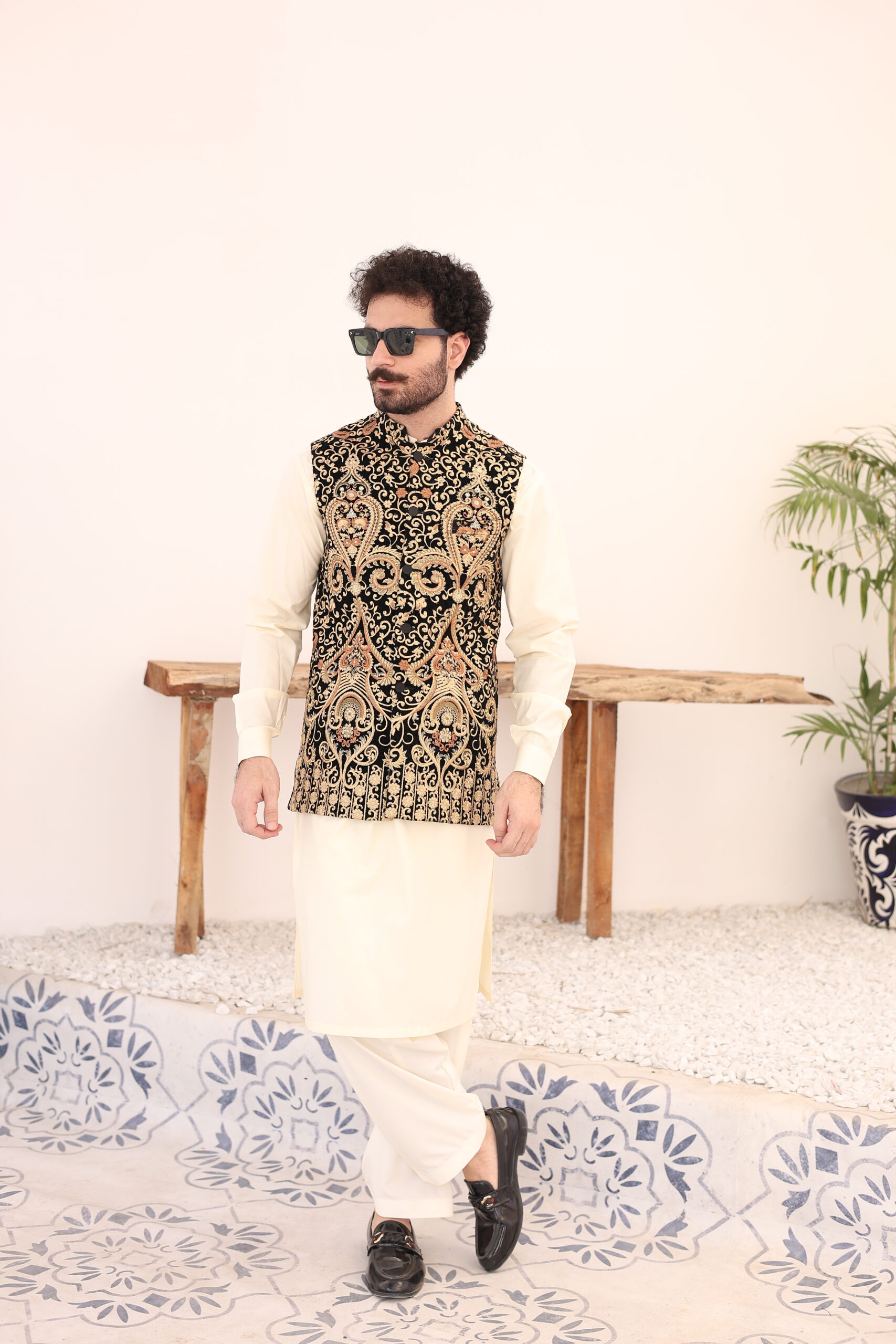Golden Embroidered Velvet Waistcoat Kurta Set (3-Piece) - Image 1