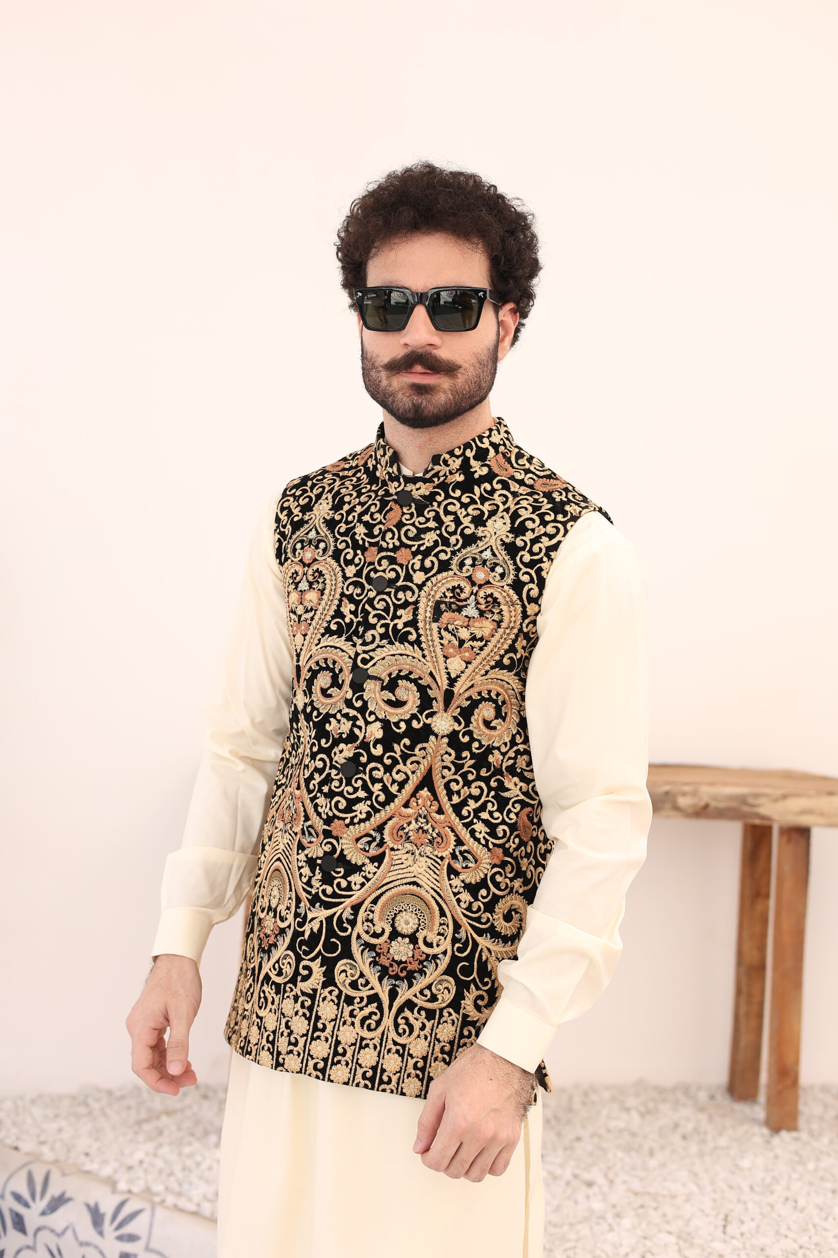 Golden Embroidered Velvet Waistcoat Kurta Set (3-Piece) - Image 2