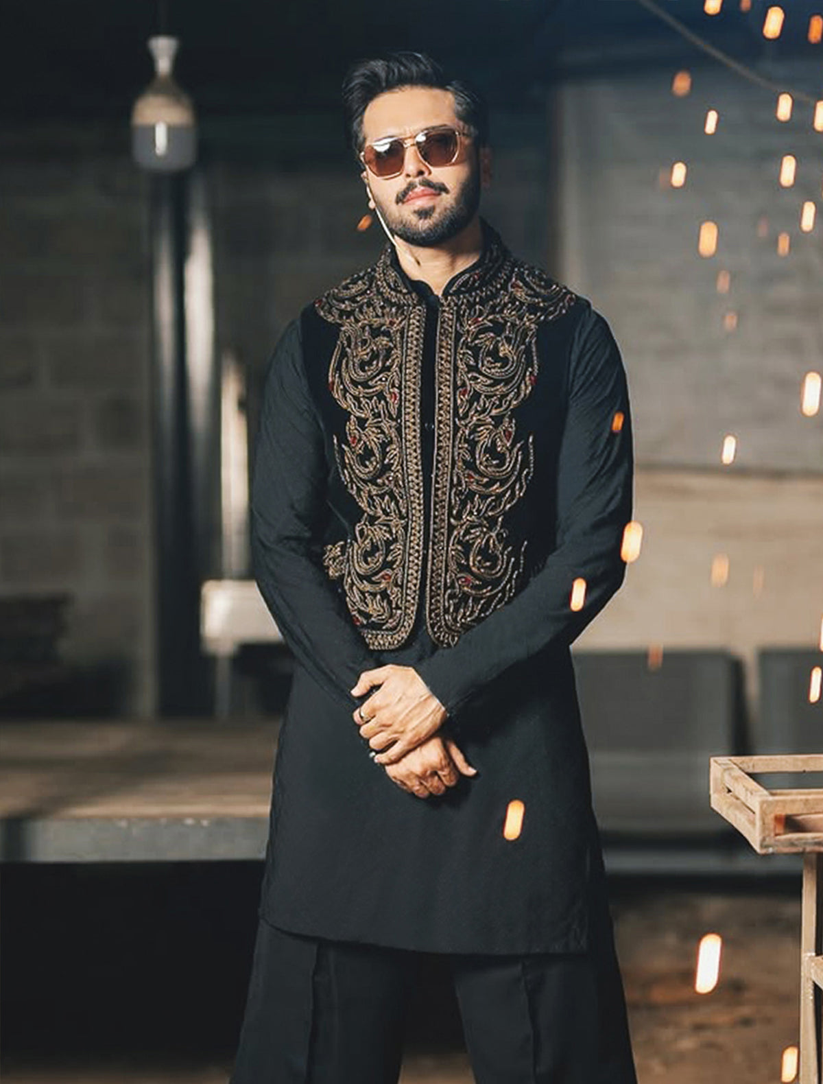 Black Embroidered Velvet Waistcoat Kurta Set (3-Piece) - Image 1