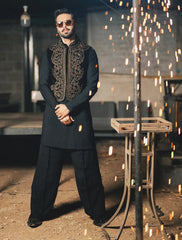 Black Embroidered Velvet Waistcoat Kurta Set (3-Piece) - Image 3