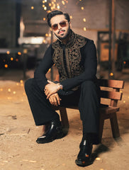 Black Embroidered Velvet Waistcoat Kurta Set (3-Piece) - Image 4