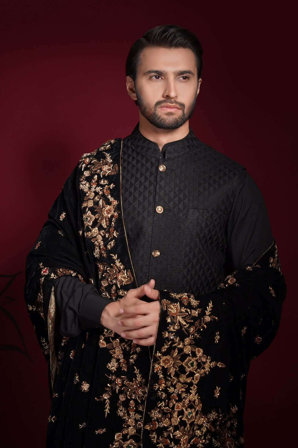 Jet Black Zardozi Velvet Shawl Waistcoat Kurta (3-Piece) - Image 1