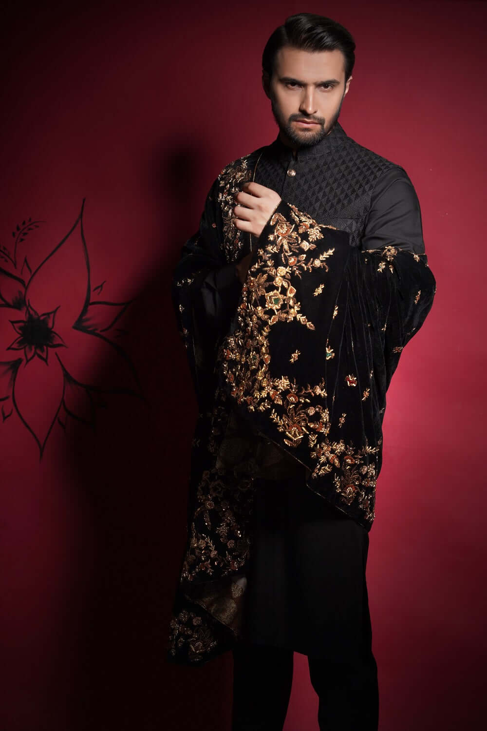 Jet Black Zardozi Velvet Shawl Waistcoat Kurta (3-Piece) - Image 2