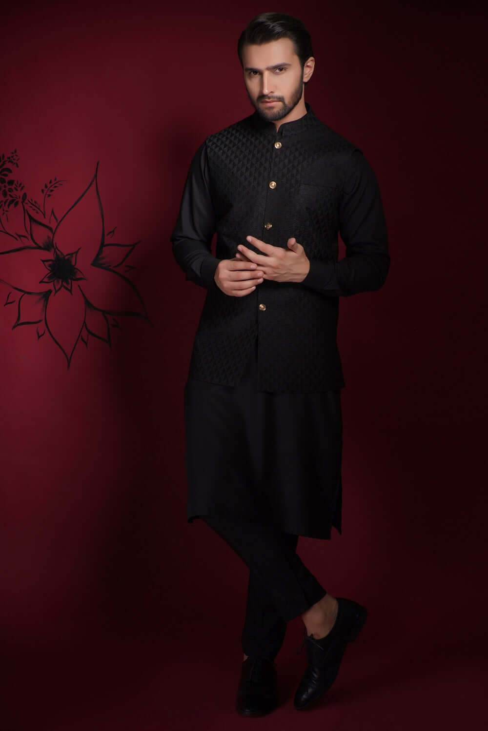 Jet Black Zardozi Velvet Shawl Waistcoat Kurta (3-Piece) - Image 3
