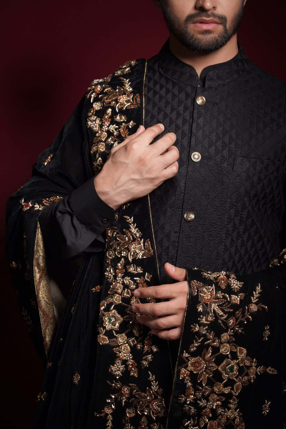 Jet Black Zardozi Velvet Shawl Waistcoat Kurta (3-Piece) - Image 5