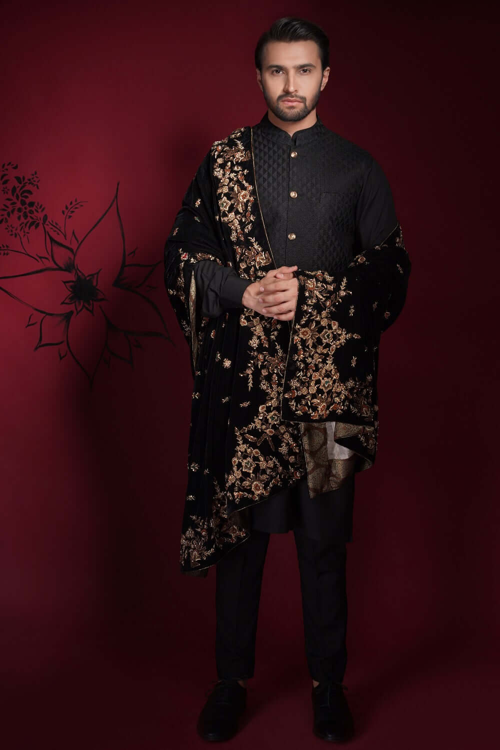 Jet Black Zardozi Velvet Shawl Waistcoat Kurta (3-Piece) - Image 6