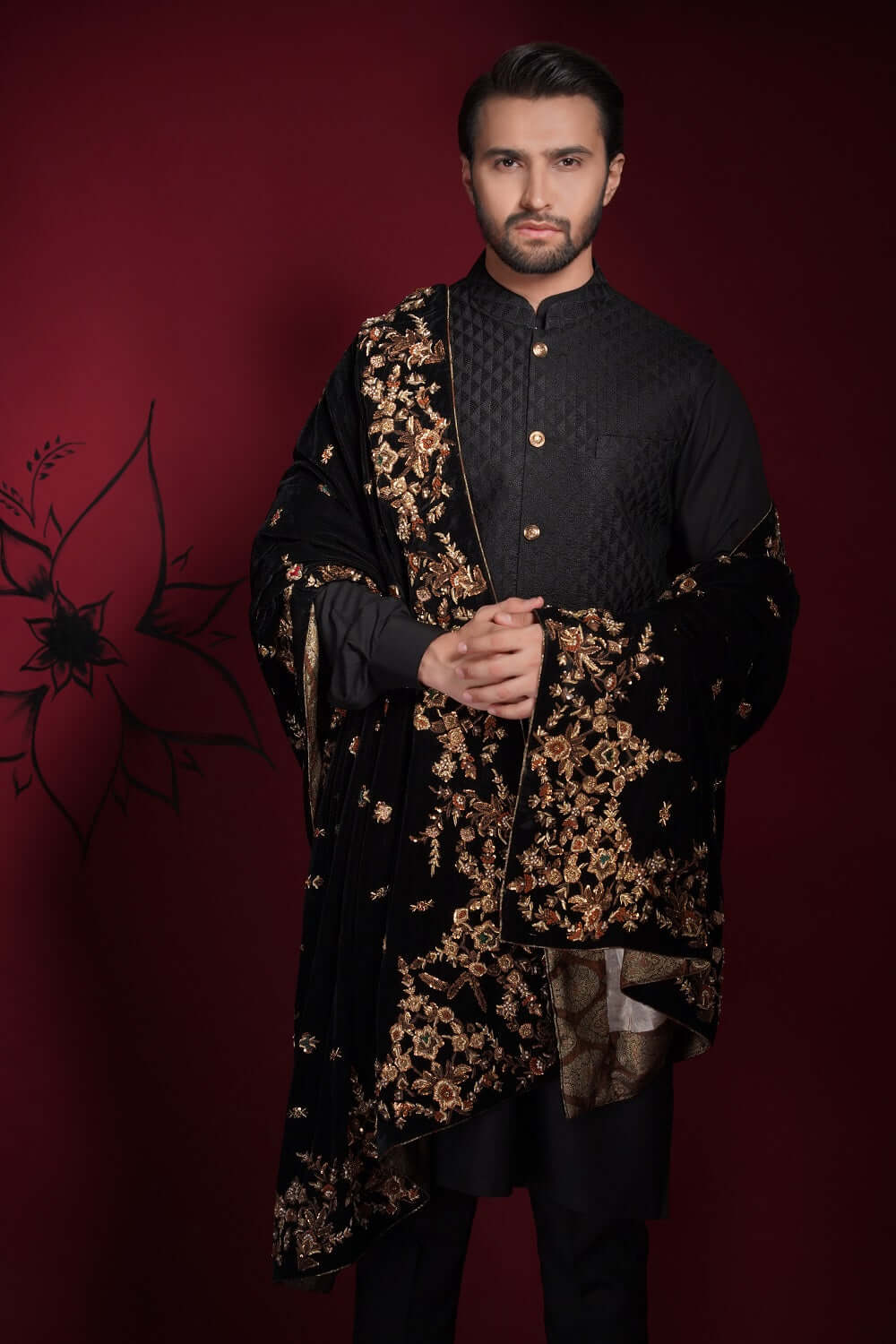 Jet Black Zardozi Velvet Shawl Waistcoat Kurta (3-Piece) - Image 7