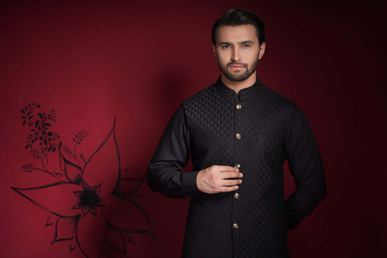 Jet Black Zardozi Velvet Shawl Waistcoat Kurta (3-Piece) - Image 8