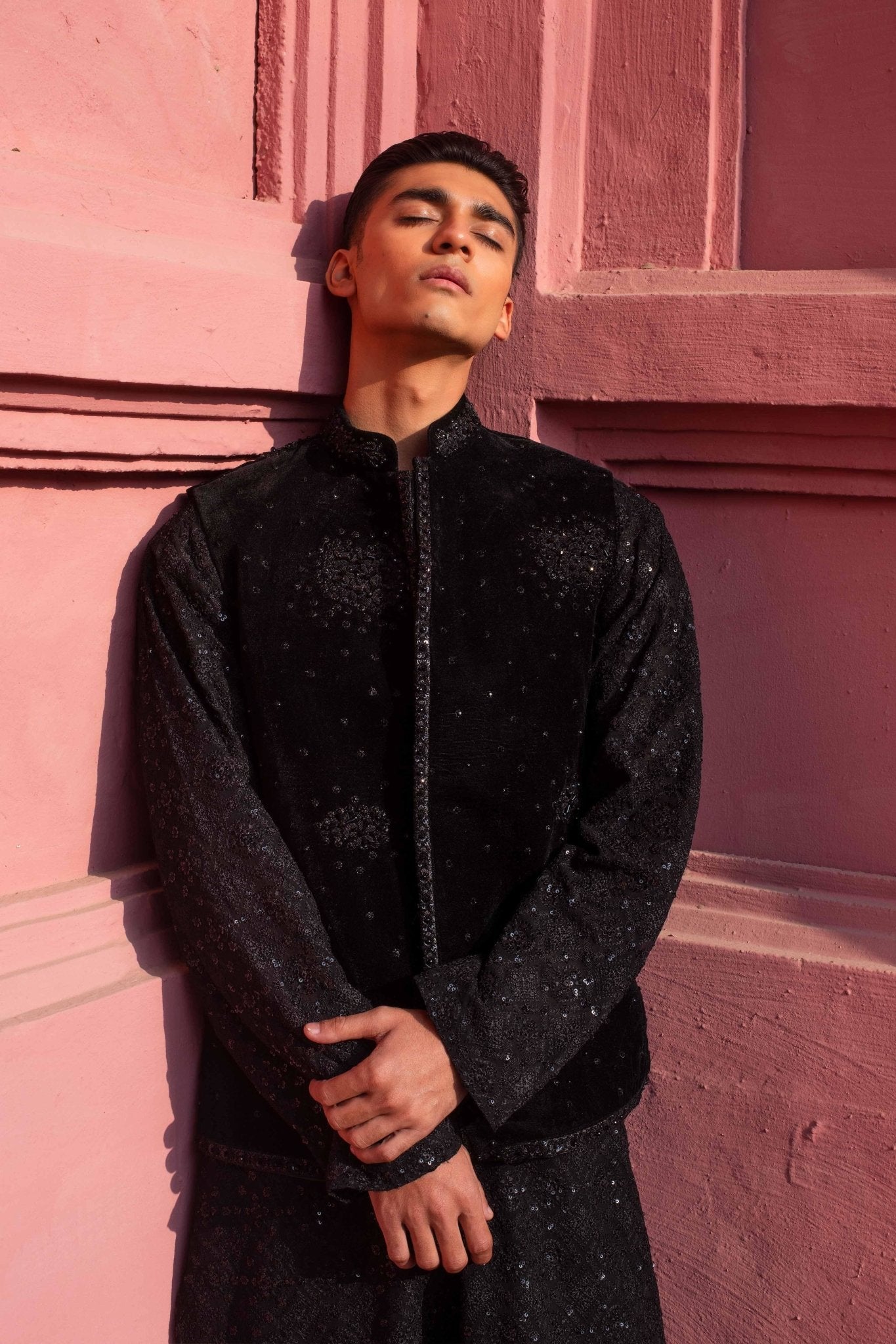 Black Embroidered Velvet-Silk Waistcoat Kurta (3-Piece) - Image 3