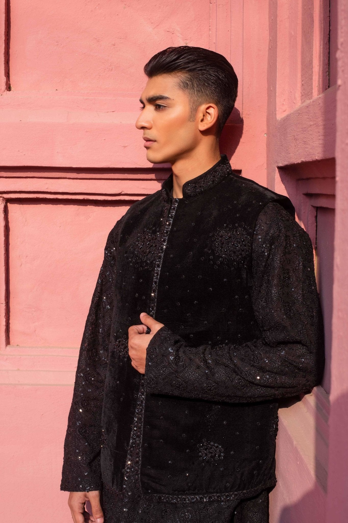 Black Embroidered Velvet-Silk Waistcoat Kurta (3-Piece) - Image 4