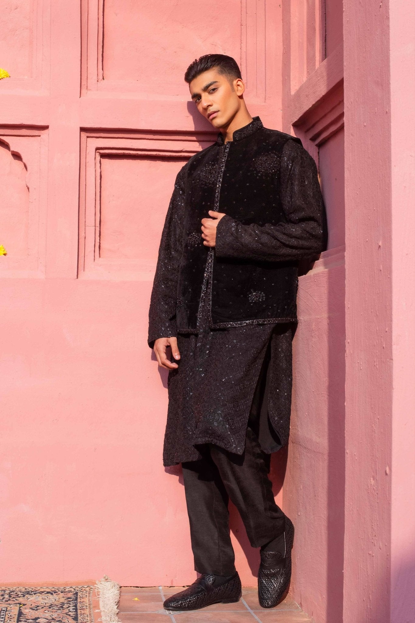 Black Embroidered Velvet-Silk Waistcoat Kurta (3-Piece) - Image 5