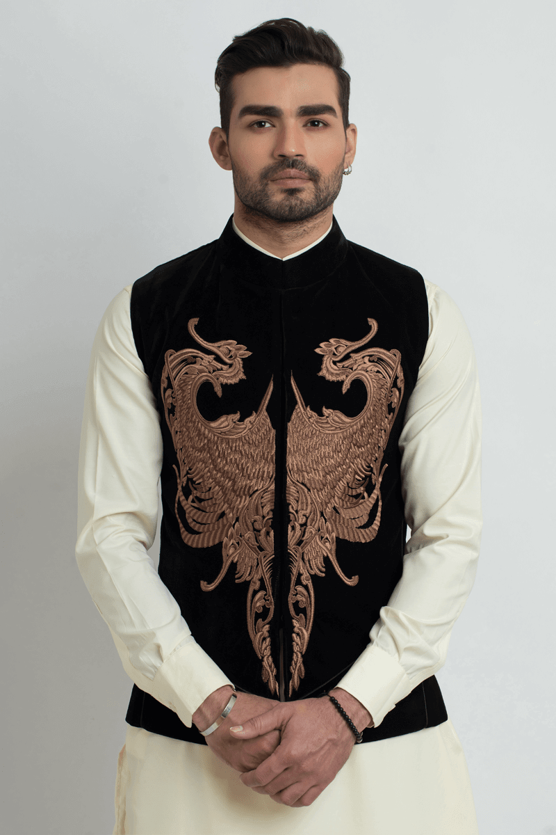 Black Velvet Copper Tilla Waistcoat (2-Piece) - Image 1