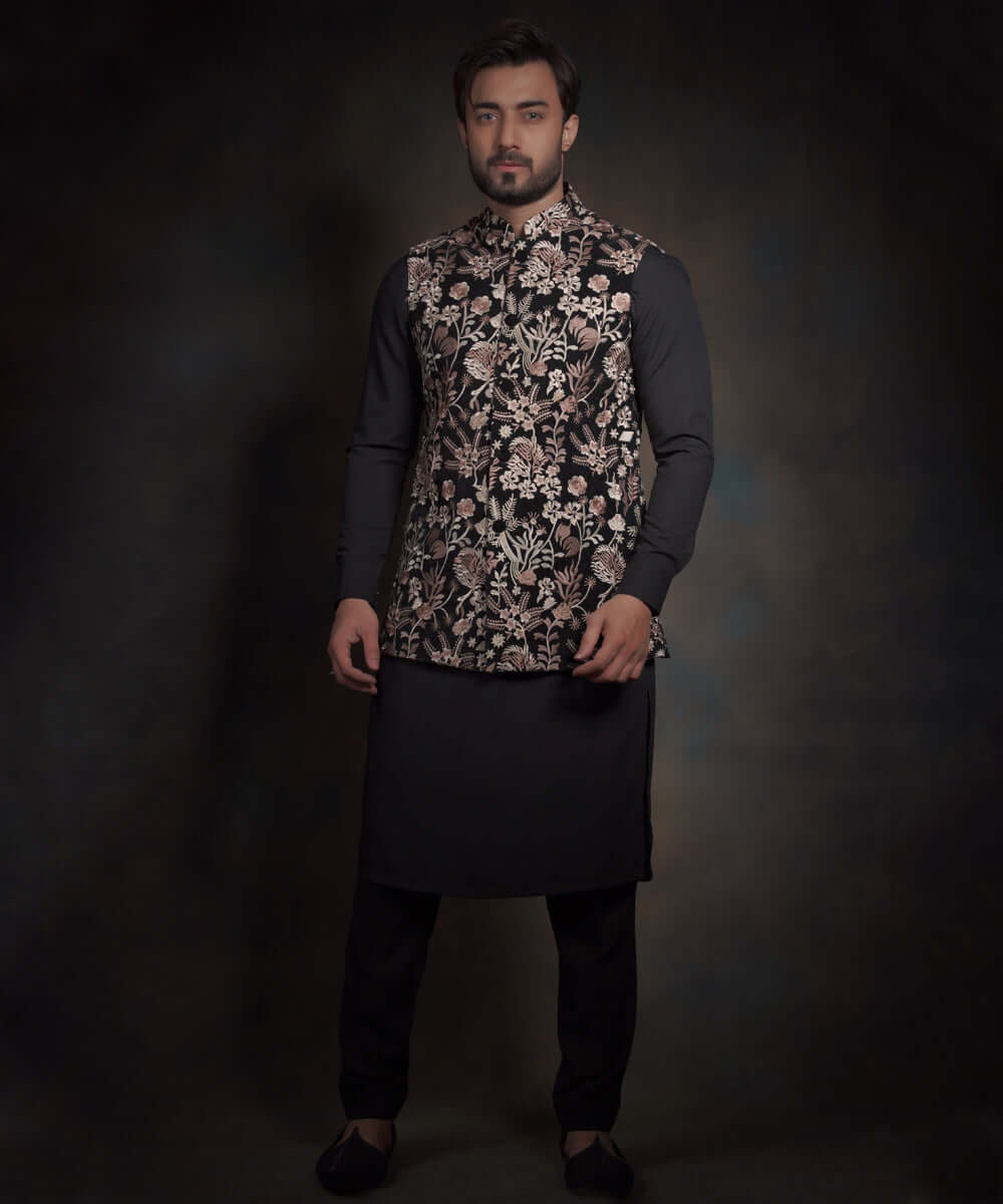 Jet Black Embroidered Velvet Waistcoat Kurta (3-Piece) - Image 1