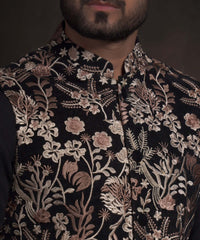 Jet Black Embroidered Velvet Waistcoat Kurta (3-Piece) - Image 3