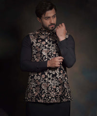 Jet Black Embroidered Velvet Waistcoat Kurta (3-Piece) - Image 6