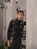 Black Embroidered Wash & Wear Waistcoat Kurta (3-Piece) - Image 2