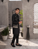 Black Embroidered Wash & Wear Waistcoat Kurta (3-Piece) - Image 3