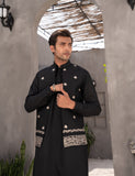 Black Embroidered Wash & Wear Waistcoat Kurta (3-Piece) - Image 6