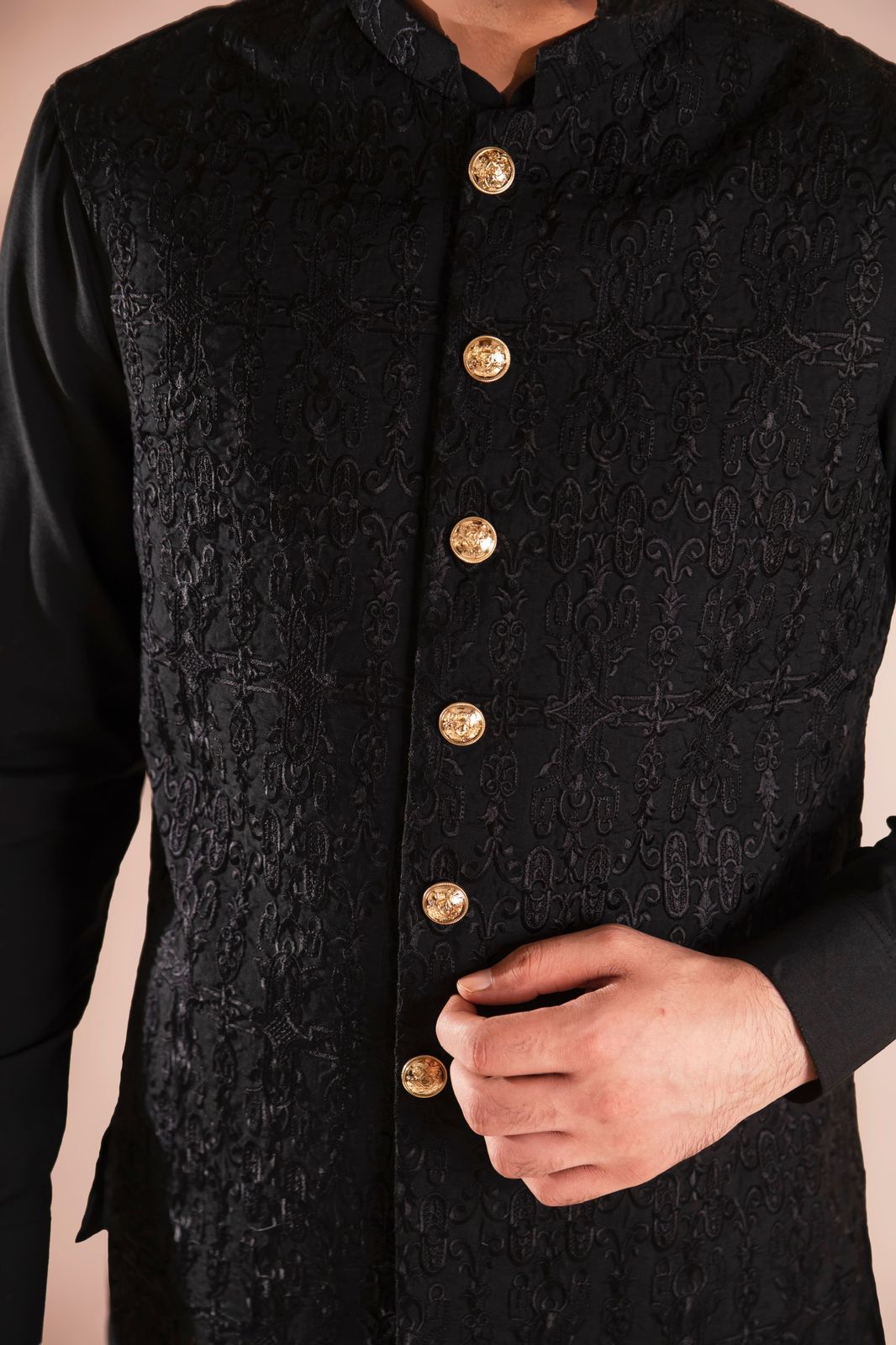 Black Embroidered Wash & Wear Waistcoat Kurta (3-Piece) - Image 2