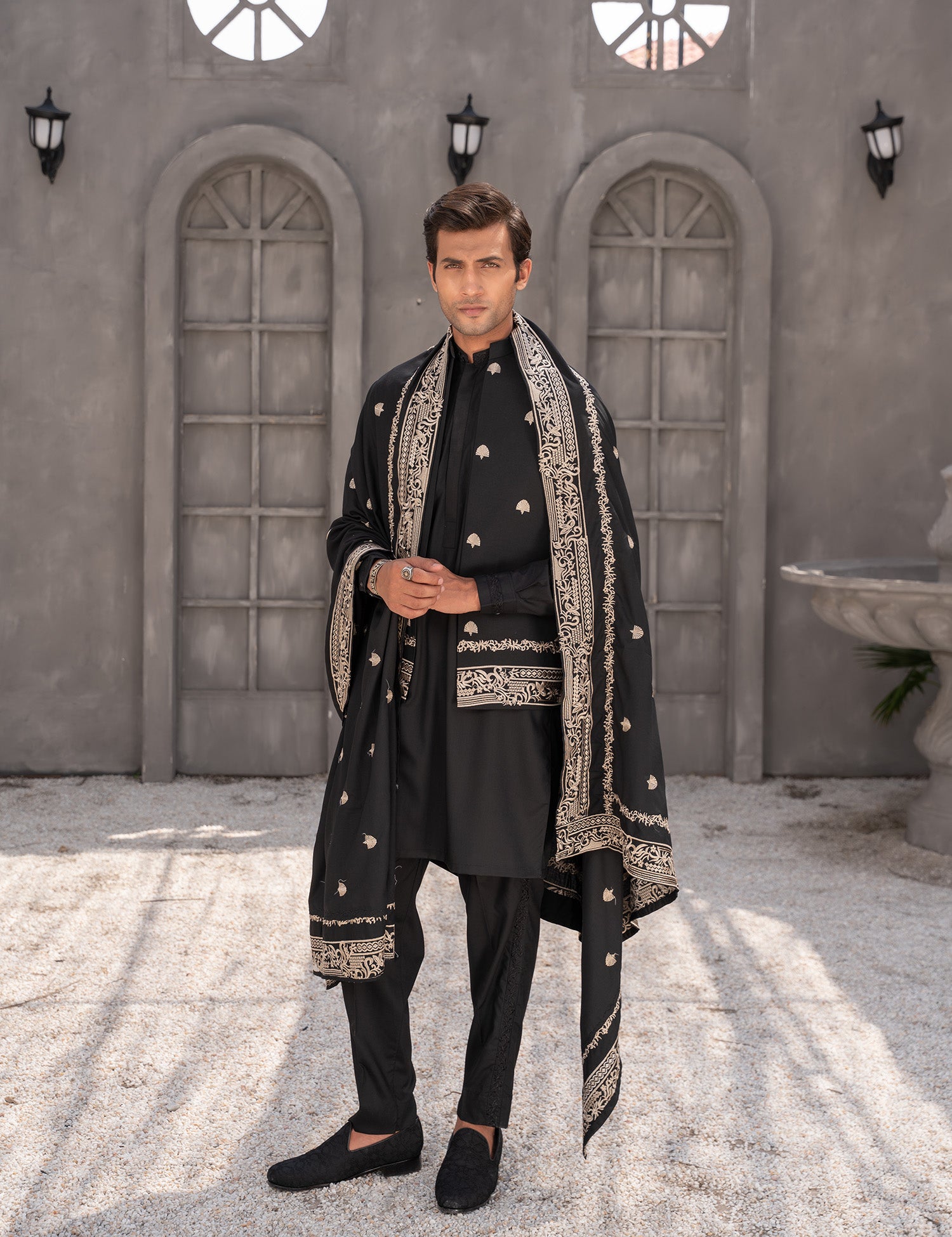 Black Embroidered Wash & Wear 3-Piece Kurta Set - Image 1