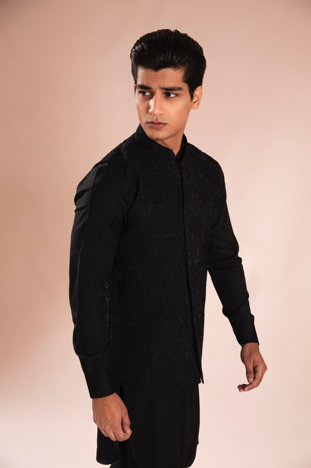 Black Embroidered Wash & Wear Waistcoat Kurta (3-Piece) - Image 1