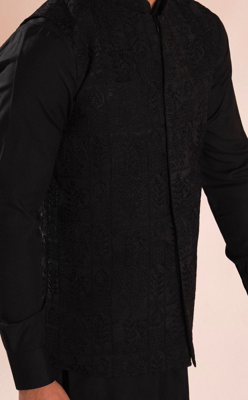 Black Embroidered Wash & Wear Waistcoat Kurta (3-Piece) - Image 2