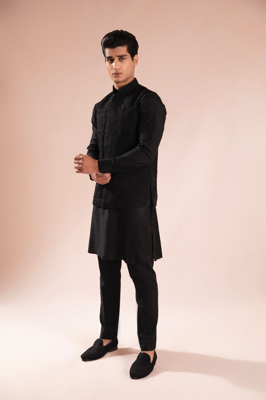 Black Embroidered Wash & Wear Waistcoat Kurta (3-Piece) - Image 3