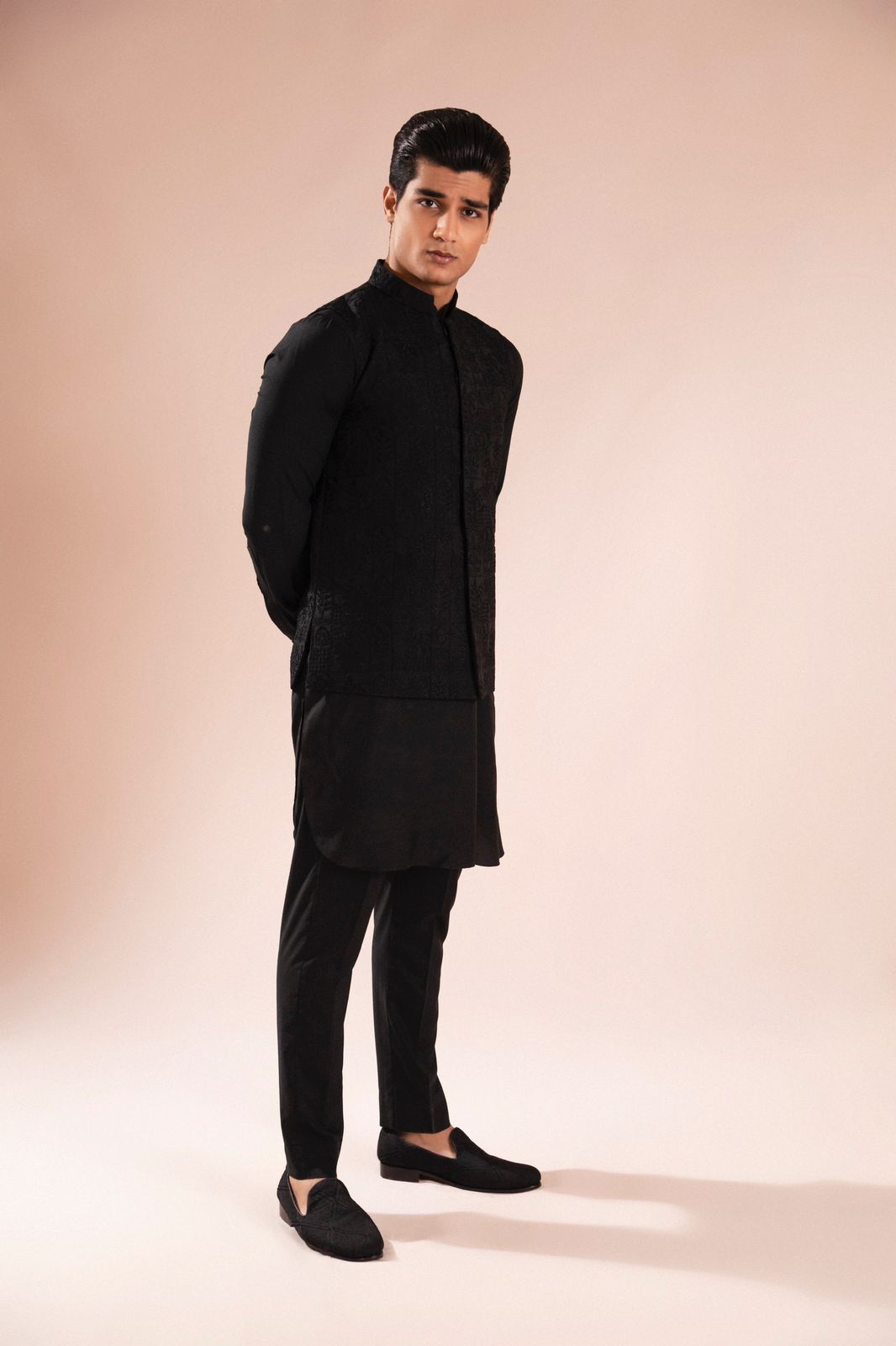 Black Embroidered Wash & Wear Waistcoat Kurta (3-Piece) - Image 4