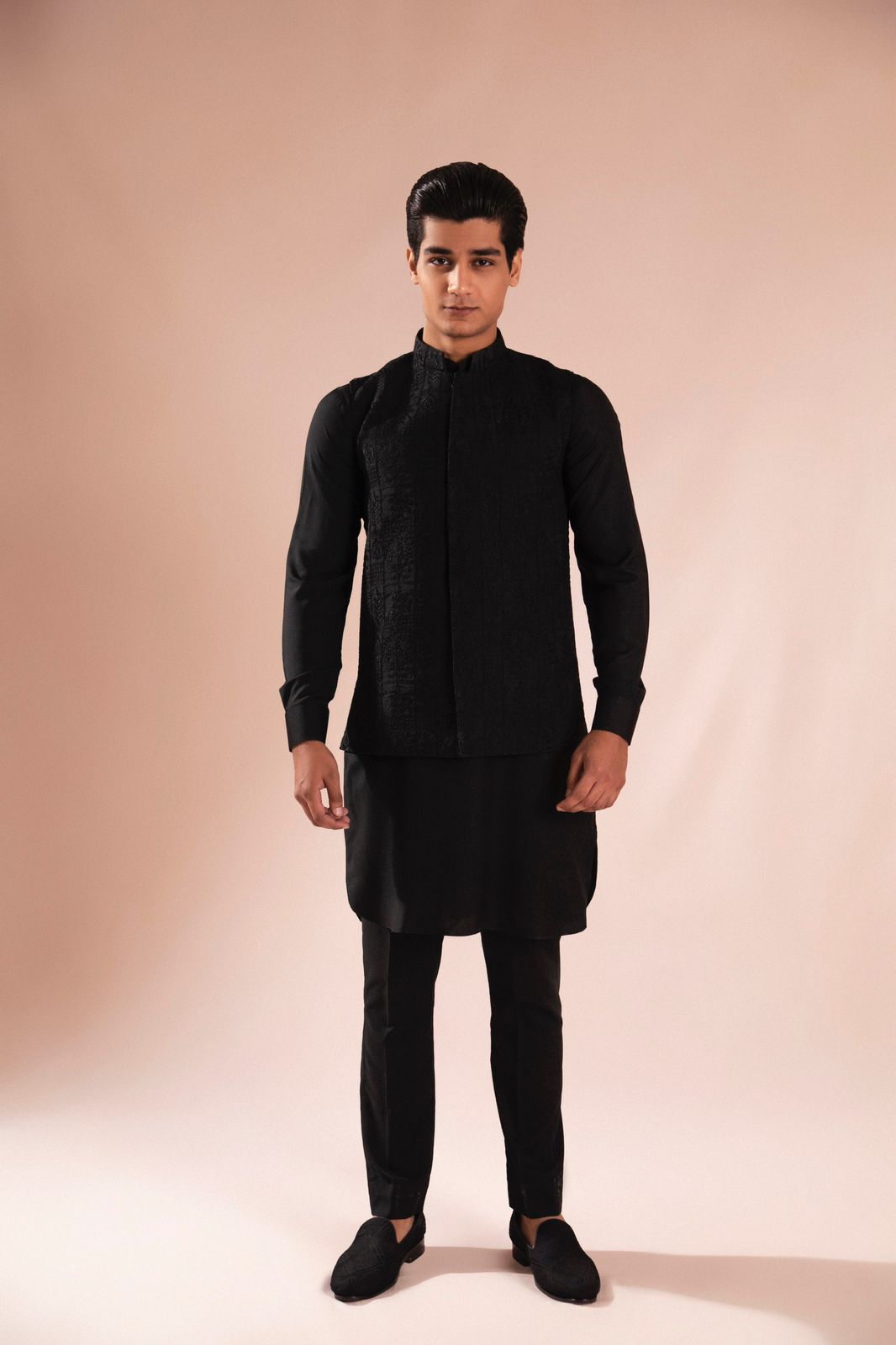 Black Embroidered Wash & Wear Waistcoat Kurta (3-Piece) - Image 5