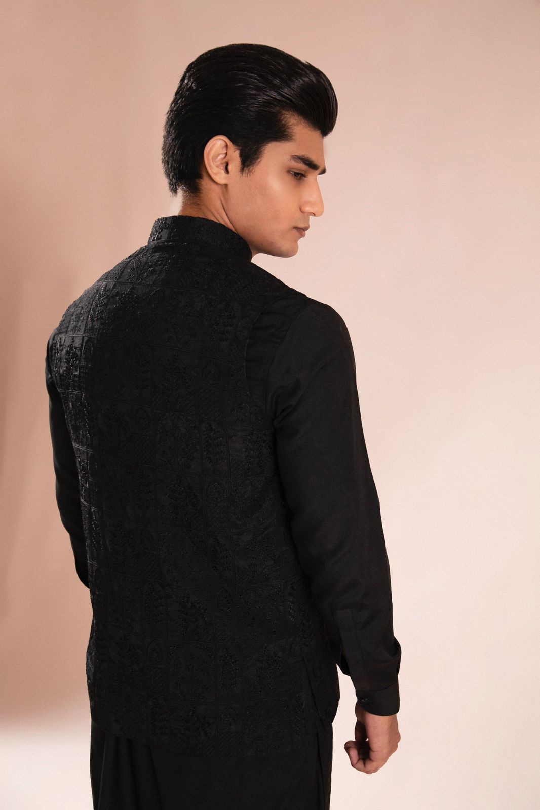 Black Embroidered Wash & Wear Waistcoat Kurta (3-Piece) - Image 6