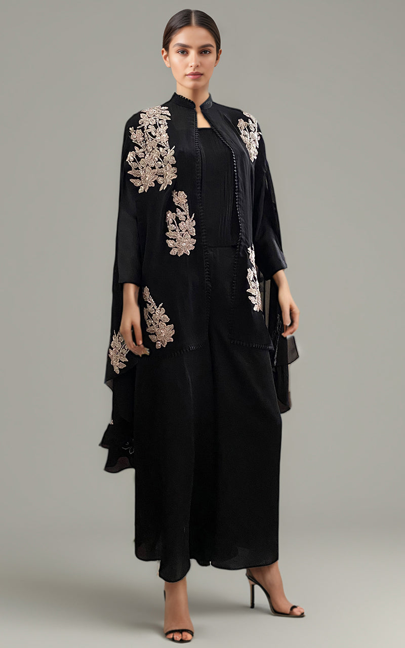 Black Applique Embroidered Chiffon Cape with Silk Trouser (2-Piece) - Image 1