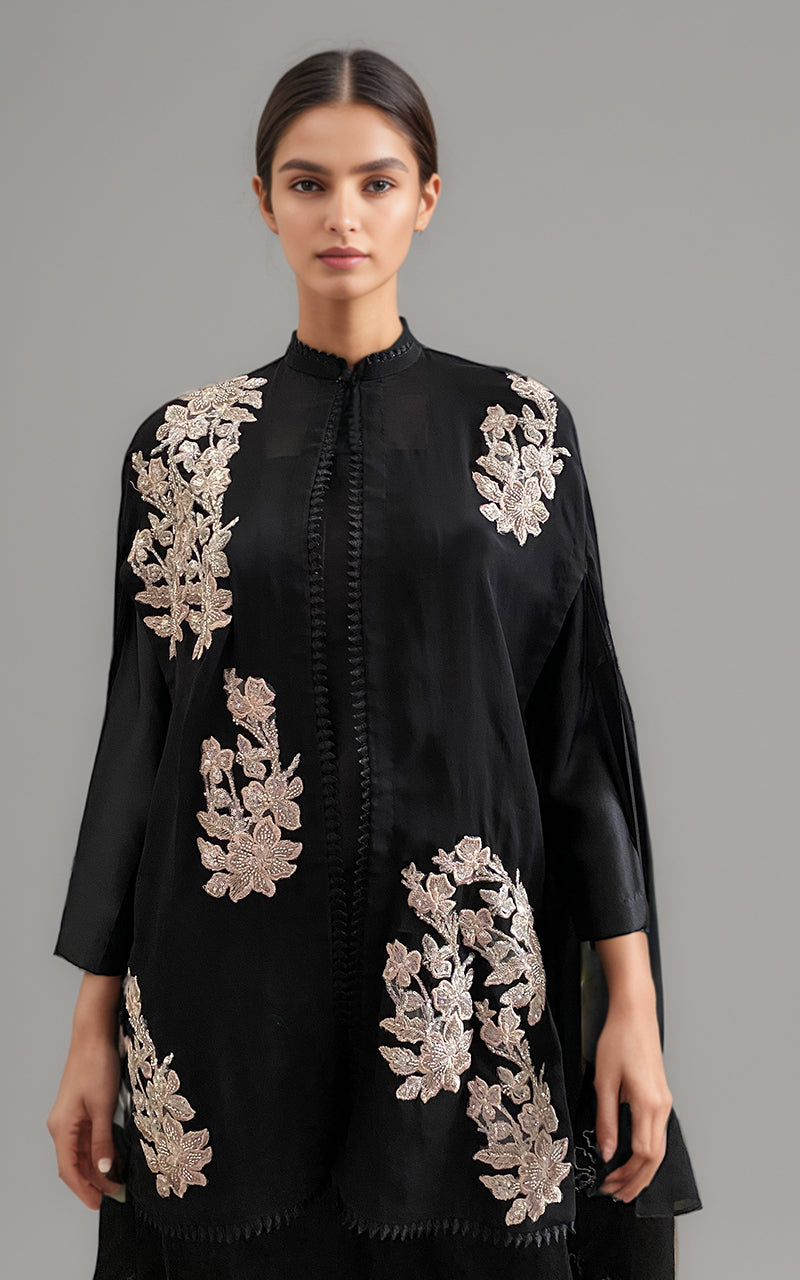 Black Applique Embroidered Chiffon Cape with Silk Trouser (2-Piece) - Image 2